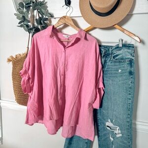 Oversized Pink Button-Up Top